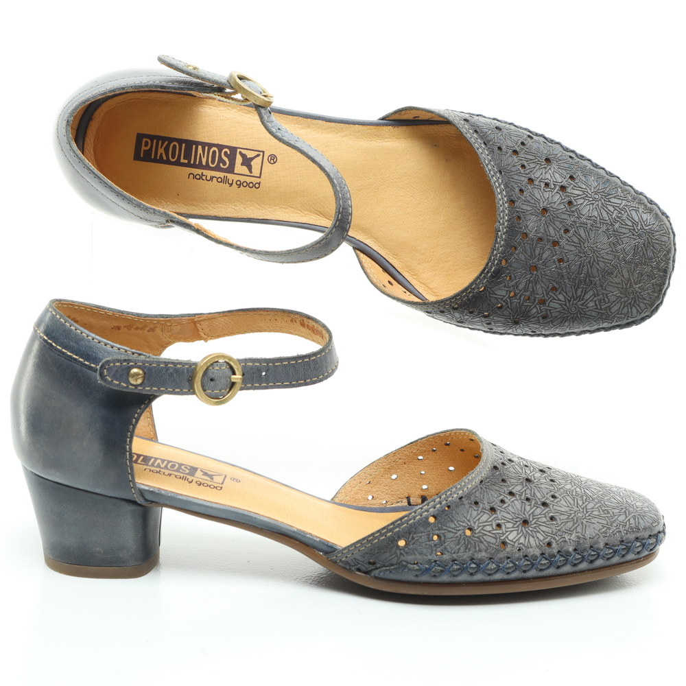 PIKOLINOS Blue Leather Mary Jane Flats with Cutout Detail